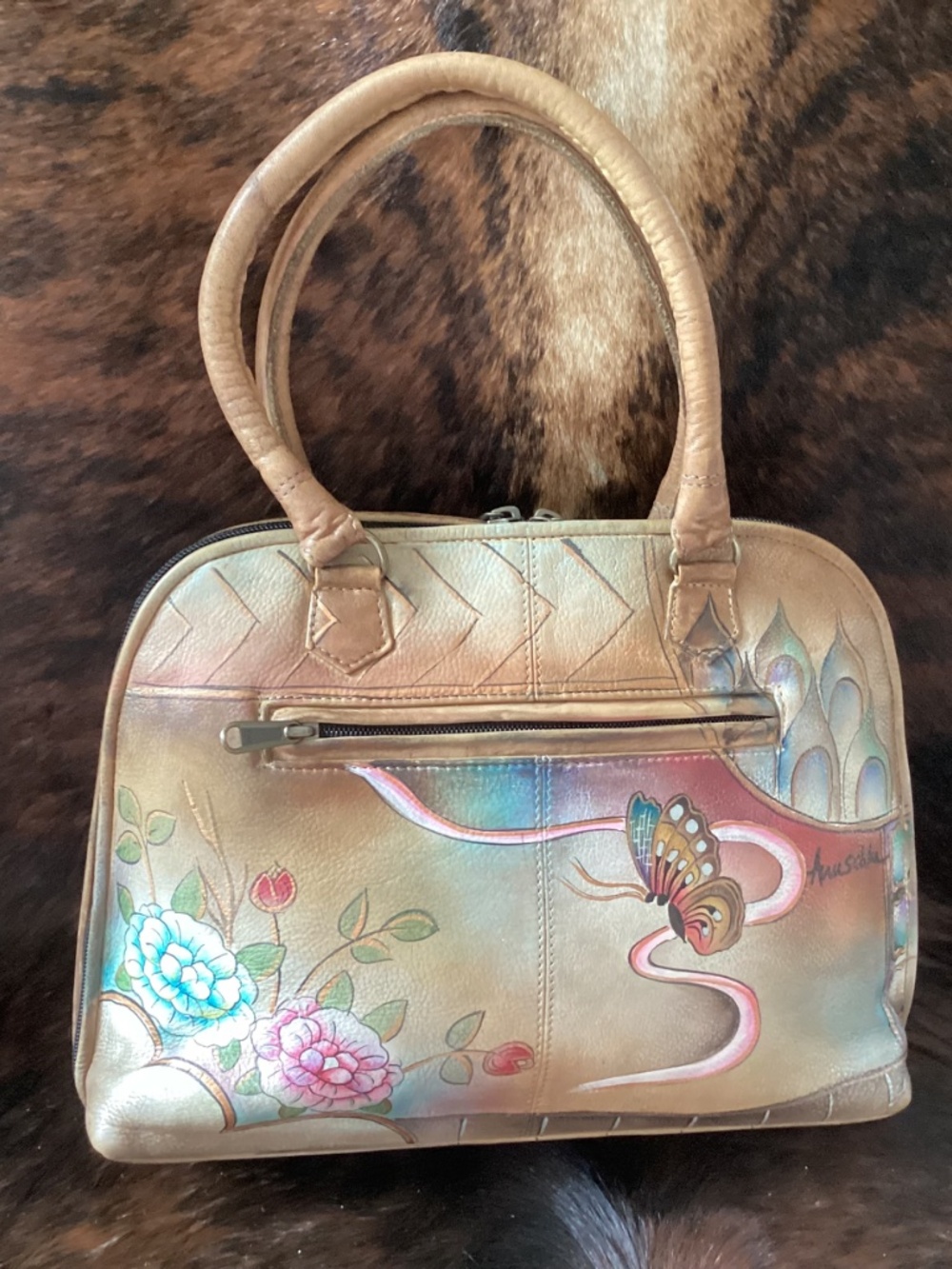 Beautiful Anuschka Butterfly Flower Design Leather Top Handle Carry Handbag🦋🦋 - Picture 3 of 13